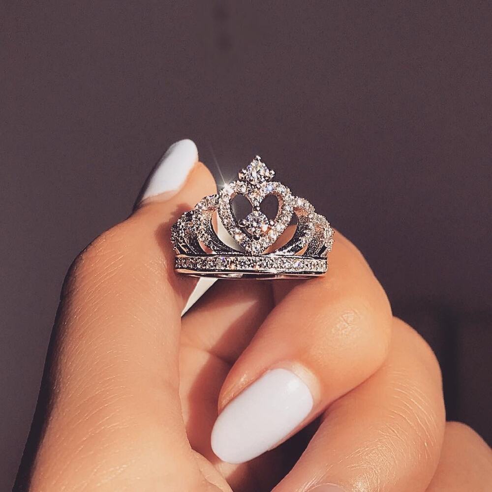 Queen Crown Ring Silver Crystal Rhinestones Copper Princess Ring Size 7 - Picture 2 of 4